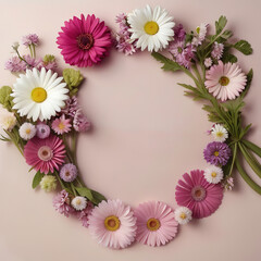 Flowers composition. Frame made of colorful flowers on pink background. Flat lay, top view, copy space