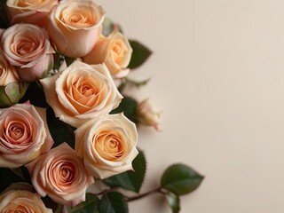 Beautiful bouquet of roses on beige background, top view, copy space