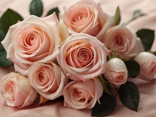 Bouquet of beautiful pink roses on table, closeup view