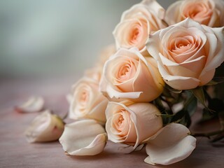 Bouquet of pink roses on a wooden table, selective focus, background with copy space