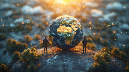 Tiny World, Grand Perspective: Miniature People on a Model Earth, Depicting Global Unity and...
