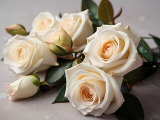 Beautiful white roses on light background, closeup. Space for text