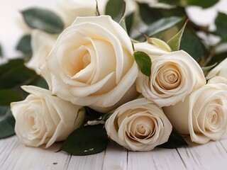 White roses on a white wooden background, close-up, horizontal