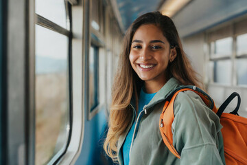 Junge Frau mit langen Haaren und einem Rucksack lächelt und steht in einem Zug am Fenster - obrazy, fototapety, plakaty