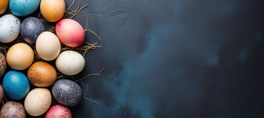 Colorful handcrafted easter eggs on blue background   minimalistic concept with text and copy space