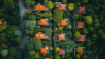 Fototapeta premium Aerial View of a Smart Eco-Village, showcasing sustainable living with a twist of vibrant, morning colors