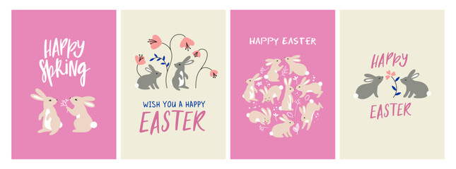 Fototapeta na wymiar Happy Easter Greeting Cards with Cute Spring Rabbits. Vector Illustration with Bunnies and Hares for Easter Banners, Posters and Covers