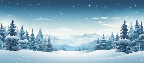 Abstract snowy scene with foreground fir tree and forest background.