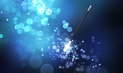 Magic wand and enchanted lights on blue gradient background