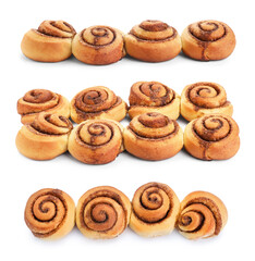 Tasty cinnamon rolls isolated on white, set