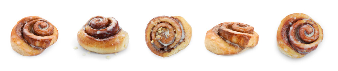 Tasty cinnamon rolls isolated on white, set