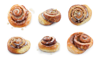 Tasty cinnamon rolls isolated on white, set