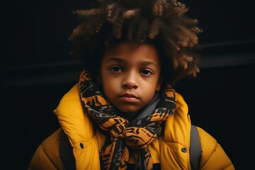 African american girl with afro hairstyle in yellow jacket and scarf