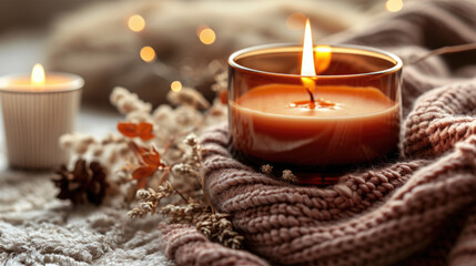 Fototapeta na wymiar Candle sitting on top of blanket. Perfect for creating cozy and warm atmosphere.