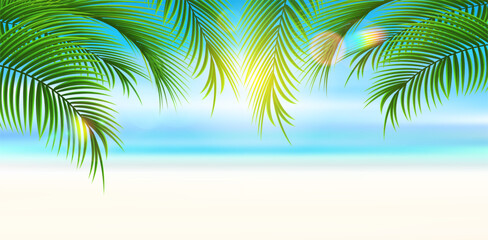 Tropical beach with palm leaves. Summer landscape of tropical island. Vacation and travel.