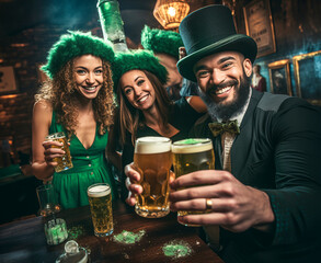 Group of People, Sitting at Table in Pub, on Saint Patty's Day, Having a Good Time, Drinking Beer