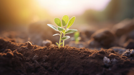 Small plant is seen sprouting from ground, showing beginning stages of growth. This image can be used to symbolize new beginnings or concept of growth and development.
