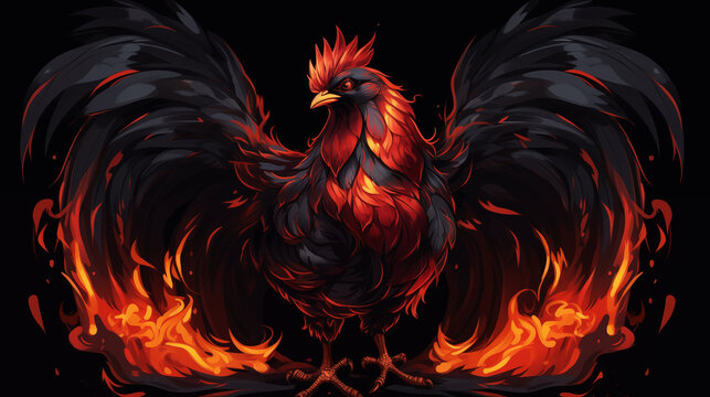 A black rooster stands on a fiery background, with his wings spread, on a black background,cartoon style