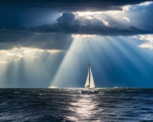 Sunbeam Through Clouds Over Ocean with Sailboat