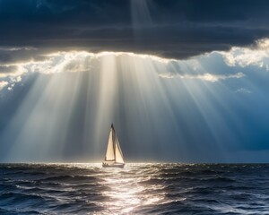 Sunbeam Through Clouds Over Ocean with Sailboat