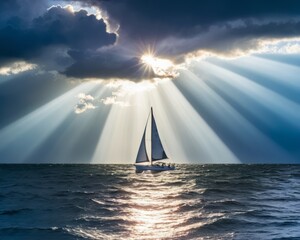 Sunbeam Through Clouds Over Ocean with Sailboat