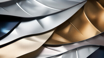 Closeup of silver, golden and blue luxury metallic shapes of waves, curves and stripes in...
