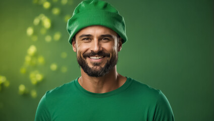 Fototapeta premium Stylish happy man in green hat and green clothes