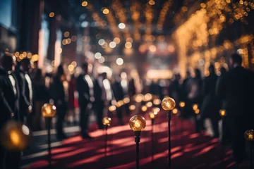 Fototapeten Red carpet at a film festival with a blurred golden bokeh background and people in suits in the background. Generated by artificial intelligence © Vovmar