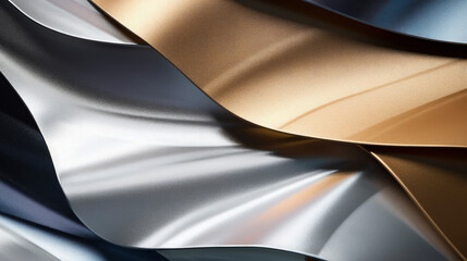 Closeup of silver, golden and blue luxury metallic shapes of waves, curves and stripes in overlapping different layers 3d, modern textured business design