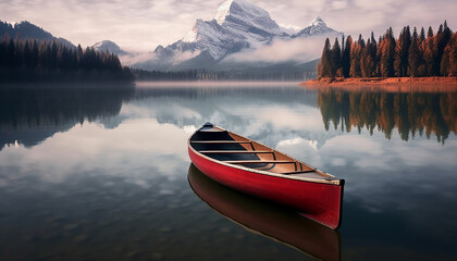 Tranquil scene of canoeing on mountain lake generated by AI - obrazy, fototapety, plakaty
