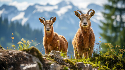 Mountain goats in the mountains. Bighorn sheep in the Alps.