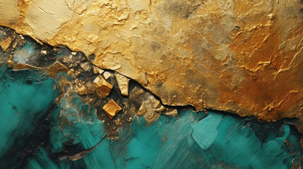 Closeup of abstract rough turquoise, golden art painting with oil brushstroke, pallet knife painting, texture	