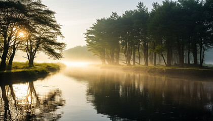 Tranquil scene, sunset reflects on water, nature beauty generated by AI