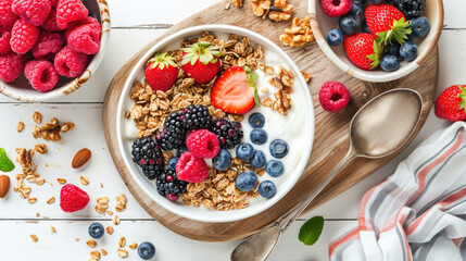 Delicious bowl of yogurt topped with fresh berries and crunchy nuts. Perfect for healthy breakfast or snack. - obrazy, fototapety, plakaty