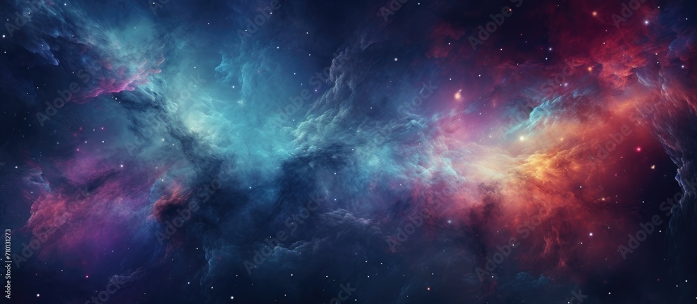 Poster astounding depiction of a colorful nebula in space, ideal for space-related projects.