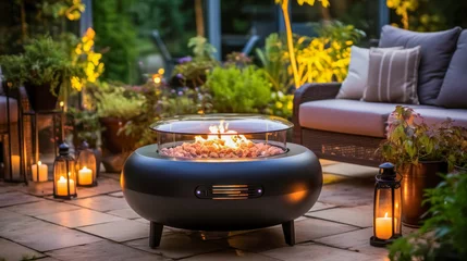 Foto op Plexiglas Black circle fire pit, barbecue with stainless steel tray in the middle. On display in the gray winter garden with focus lights on it. © korkut82