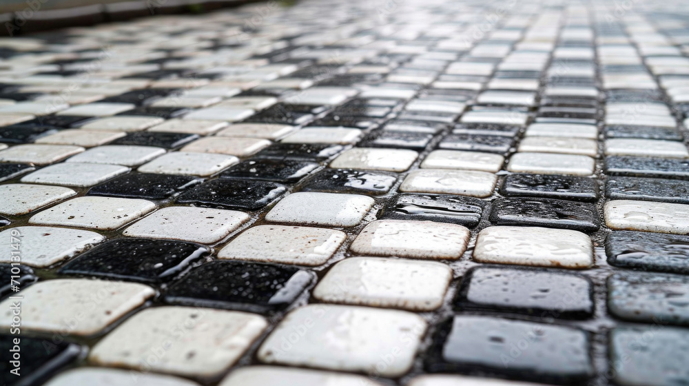 Poster black and white tiled floor with water droplets. ideal for use in interior design or architecture pr