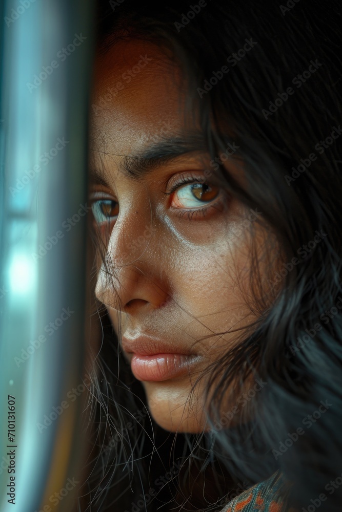 Poster A close-up view of a person gazing out of a window. This image can be used to depict curiosity, introspection, or daydreaming. Ideal for illustrating concepts related to contemplation or longing