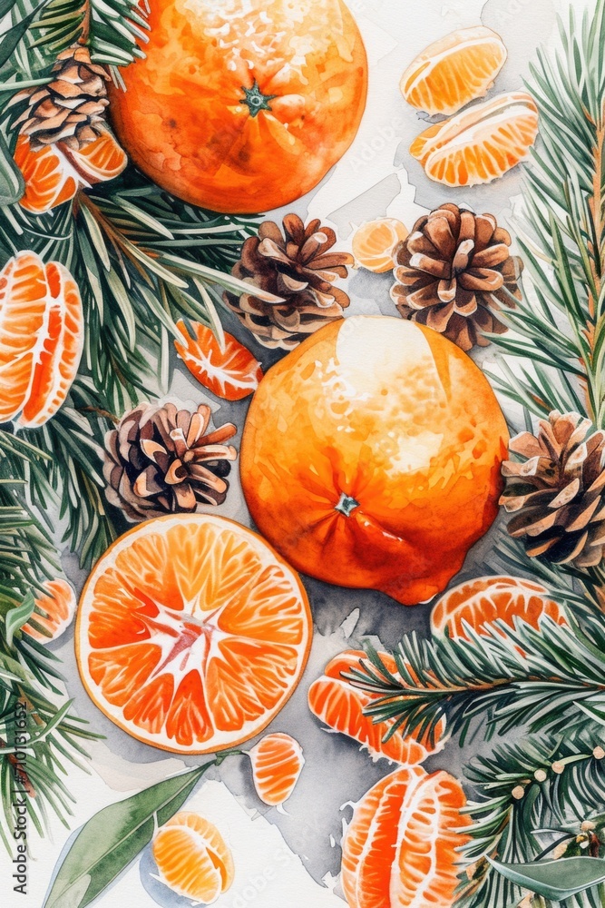 Aufkleber a painting depicting a still life composition of oranges and pine cones on a table. suitable for use