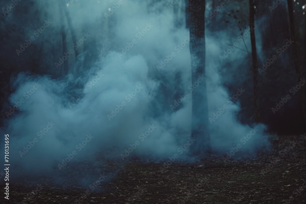 Poster a person standing in front of a forest filled with smoke. this image can be used to depict mystery, 