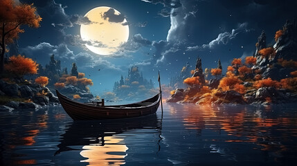 Fantasy landscape with a boat on the water and a full moon. 
