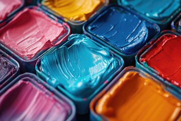 A close-up view of a bunch of paint cans. Ideal for interior design projects and home improvement articles - obrazy, fototapety, plakaty