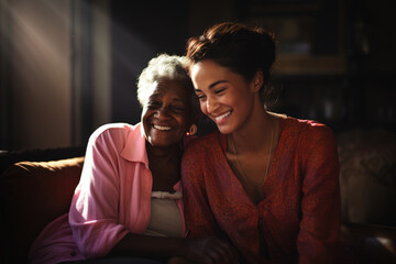 Two women sitting together on couch. This image can be used to depict variety of scenarios involving relationships, family, friendship, or support.