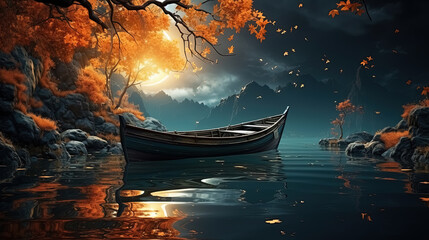 Fantasy landscape with boat in the sea. 3D illustration.