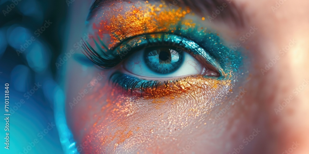 Poster A close-up view of a person's eye with shimmering glitter. Perfect for adding a touch of sparkle and glamour to any project