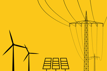 Green energy. Renewable energy. Solar power plant, solar panels. Wind power station, wind turbines. . Vector illustration.