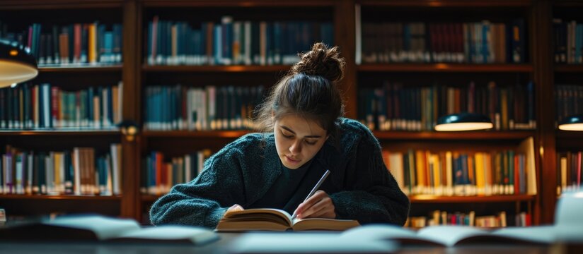 Energetic author working at library.