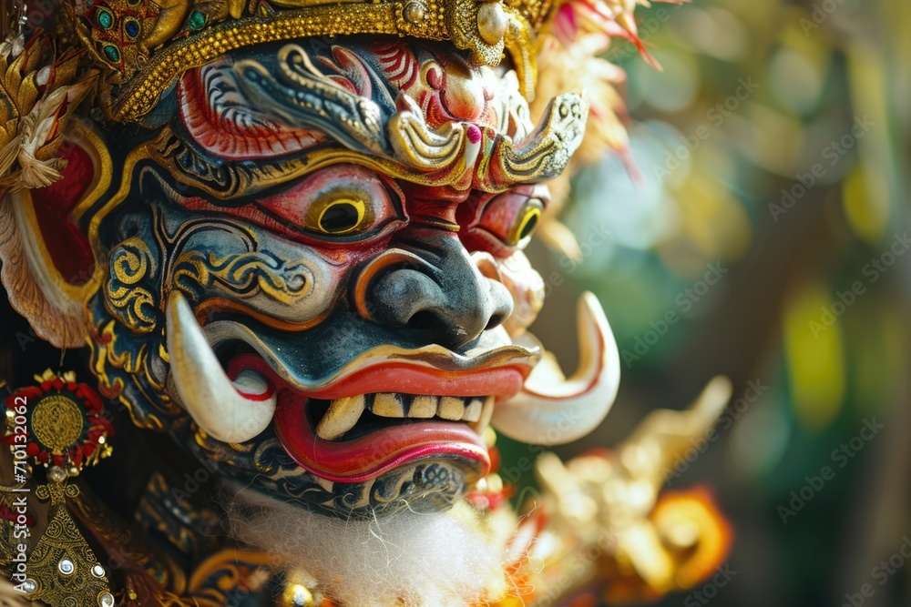 Poster A detailed close-up of a mask on a person's face. This image can be used for various themes and concepts