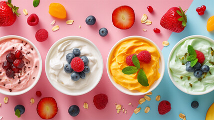 Colorful Assortment of Flavored Yogurts with Fresh Fruits