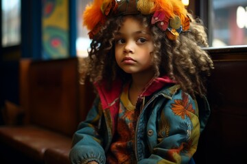 Portrait of a little girl with curly hair in a cafe.